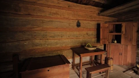 Inside a Rustic Cabin Panning Shot at Abraham Lincoln's Boyhood Home in Kentucky Stock Footage 82168861
