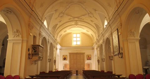 Inside Santa Sofia Church With Benches In Anacapri, Capri, Italy - tilt up Stock Footage 242225329
