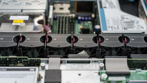Inside of server pc. Motherboard with many cooler fans. Stock Photos