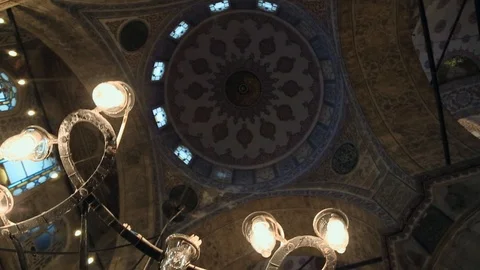 Inside shooting of the Islamic mosque dome. Picturesque designed fescues, art Video stock 105273649