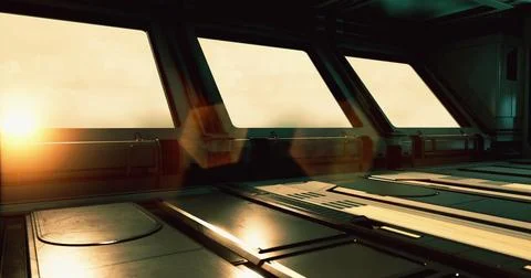 Inside a sleek, modern structure, large windows reveal a vibrant sunrise beyo Stock Illustration