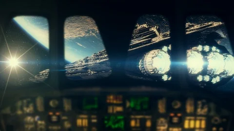 Inside space shuttle flying towards the big mothership Vídeo Stock 98225815