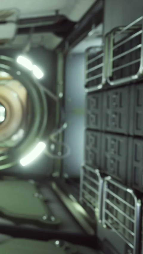 Inside a space station, lights illuminate a circular module Stock Footage 334302515