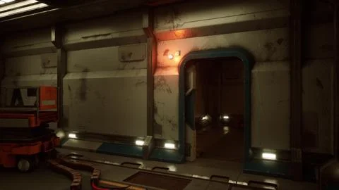 Inside of a space station with metallic walls and subdued lighting Illustrazione stock