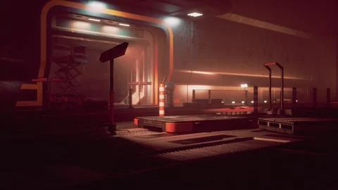 Inside of a space station with metallic walls and subdued lighting Illustrazione stock