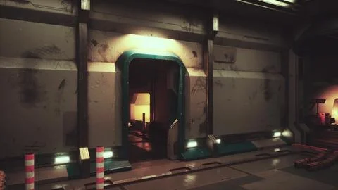 Inside a space station, walls made of metal and dimly lit Illustrazione stock