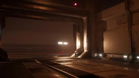 Inside of a space station, with walls made of metal and dim light Illustrazione stock