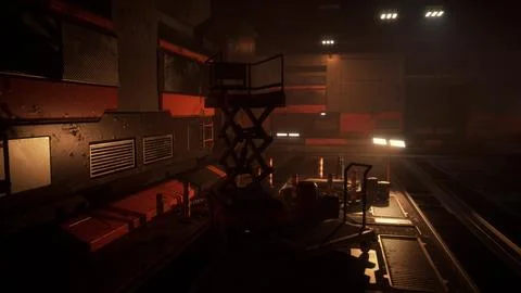 Inside of a space station, with walls made of metal and dim light Illustrazione stock