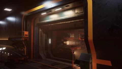 Inside a space station, walls made of metal and subdued lighting Illustrazione stock