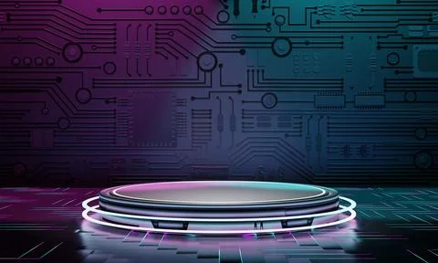 Inside spaceship laboratory with empty podium interior architecture with gl.. Stock Illustration