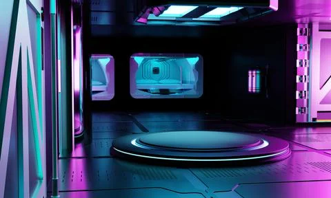 Inside spaceship laboratory interior architecture and empty podium for cybe.. Stock Illustration