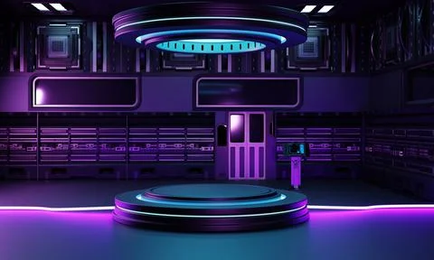 Inside spaceship laboratory interior architecture and empty podium for cybe.. Stock Illustration