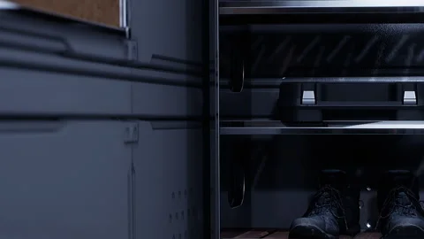 Inside a storage unit with equipment and boots at a construction site Stock Footage 345007308