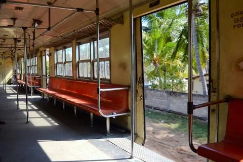 Inside of suburban train on the move with open doors Stock Photos