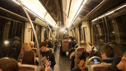 Inside Subway Train With Passengers in Paris Stock Footage 118264204