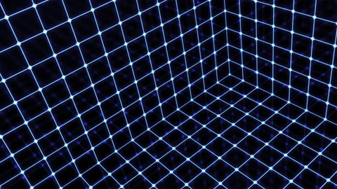 Inside Synthwave Glowing Retro Wireframe Rotating Neon Cube Grid Stock Footage 130383458