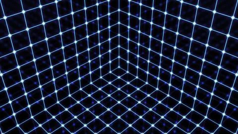 Inside Synthwave Glowing Retro Wireframe Rotating Neon Cube Grid Stock Illustration
