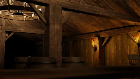Inside the tavern there are lit torches and a chandelier with candles. Stock Footage 264073773
