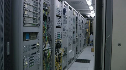 Inside telecom server room, panorama. Stock Footage 88934599