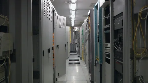 Inside telecom server room, zoom in. Stock Footage 91600837