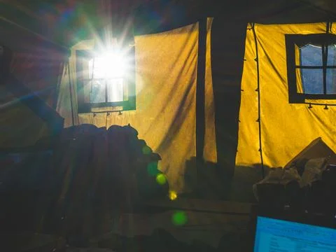 Inside the tent of the geological expedition. The work of the expedition in the Stock Photos