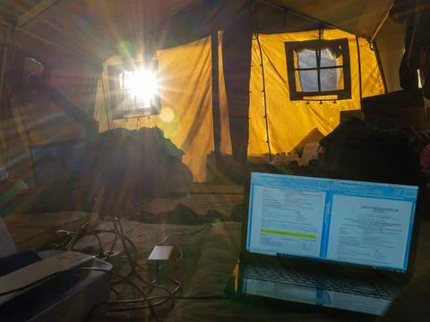 Inside the tent of the geological expedition. The work of the expedition in the Stock Photos