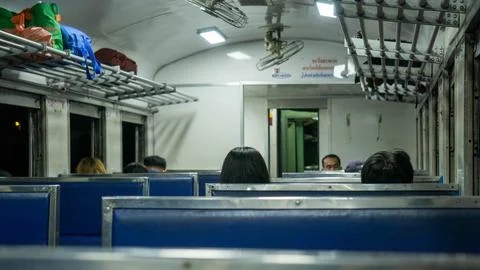 Inside a Thai train with blue seats in, Thailand Stock Photos