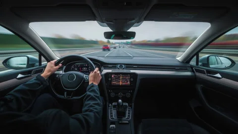 Inside time-lapse speedy drive car from within highway traffic blurry motion Stock Footage 289841888