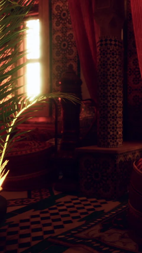 Inside a traditional room, ornate patterns cover the walls and furniture Stock Footage 339509828
