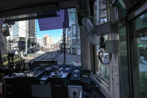 Inside a Train Cabin Overlooking Urban Railroad Tracks, Tokyo Dec 6 2024 Stock Photos