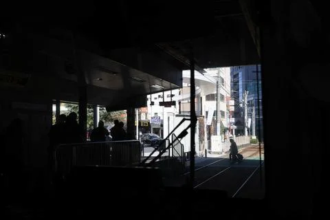 Inside a Train Cabin Overlooking Urban Railroad Tracks, Tokyo Dec 6 2024 Stock Photos