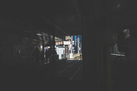 Inside a Train Cabin Overlooking Urban Railroad Tracks, Tokyo Dec 6 2024 Stock Photos