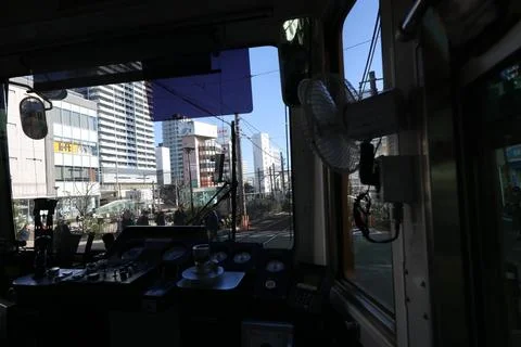 Inside a Train Cabin Overlooking Urban Railroad Tracks, Tokyo Dec 6 2024 Stock Photos