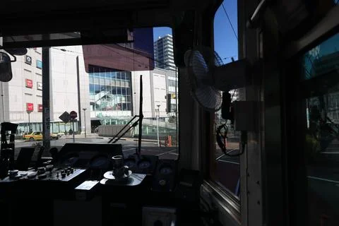 Inside a Train Cabin Overlooking Urban Railroad Tracks, Tokyo Dec 6 2024 Stock Photos