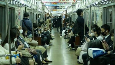 Inside train commuter subway car while moving full with crowded passenger i.. Video stock 229844616