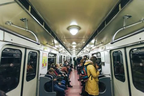Inside the Train at the Underground Subway Metro Station Stock Photos
