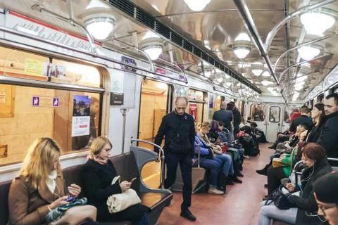 Inside the Train at the Underground Subway Metro Station Stock Photos