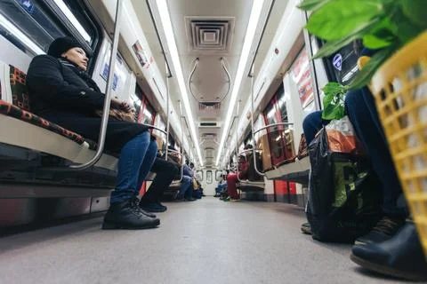 Inside the Train at the Underground Subway Metro Station Stock Photos