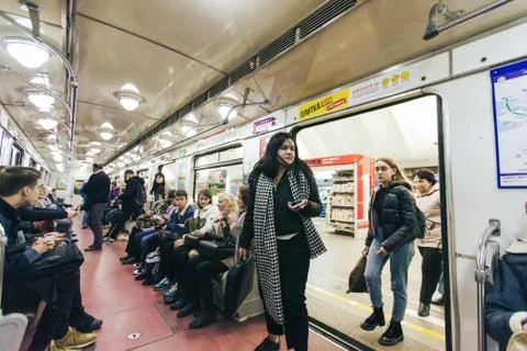 Inside the Train at the Underground Subway Metro Station Stock Photos