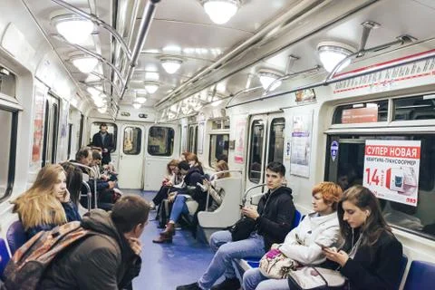 Inside the Train at the Underground Subway Metro Station Stock Photos
