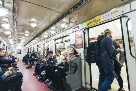 Inside the Train at the Underground Subway Metro Station Stock Photos