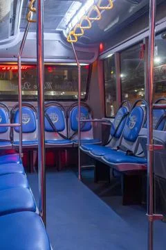 Inside Trans Metro Dewata Bus with blue seats Stock Photos