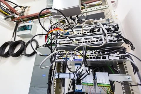 Inside of typical modern basic station of communications equipment and bights of Stock Photos