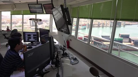 Inside of the vessel traffic service center (Control Tower). 4K Stock Footage 66455965