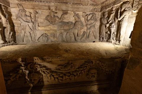 Inside view in the ancient  Catacombs of Kom el Shoqafa Alexandria Egypt Stock Photos