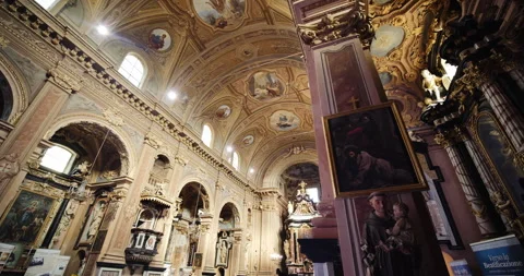 Inside view of ancient Church of Saint Martin in La Morra, Italy Stock Footage 263174488
