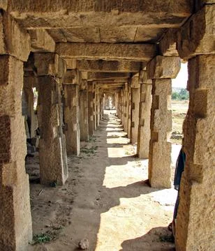 Inside view of ancient stone made Hampi bazaar or market place Stock Photos