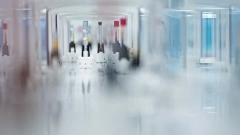 Inside view of blood samples and test tubes are moving on a laboratory's belt Video stock 233353204