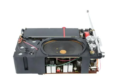 Inside view from bottom of old transistor portable radio receiver with telesc Stock Photos