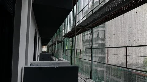 Inside view of building under construction with scaffolding Stock Photos